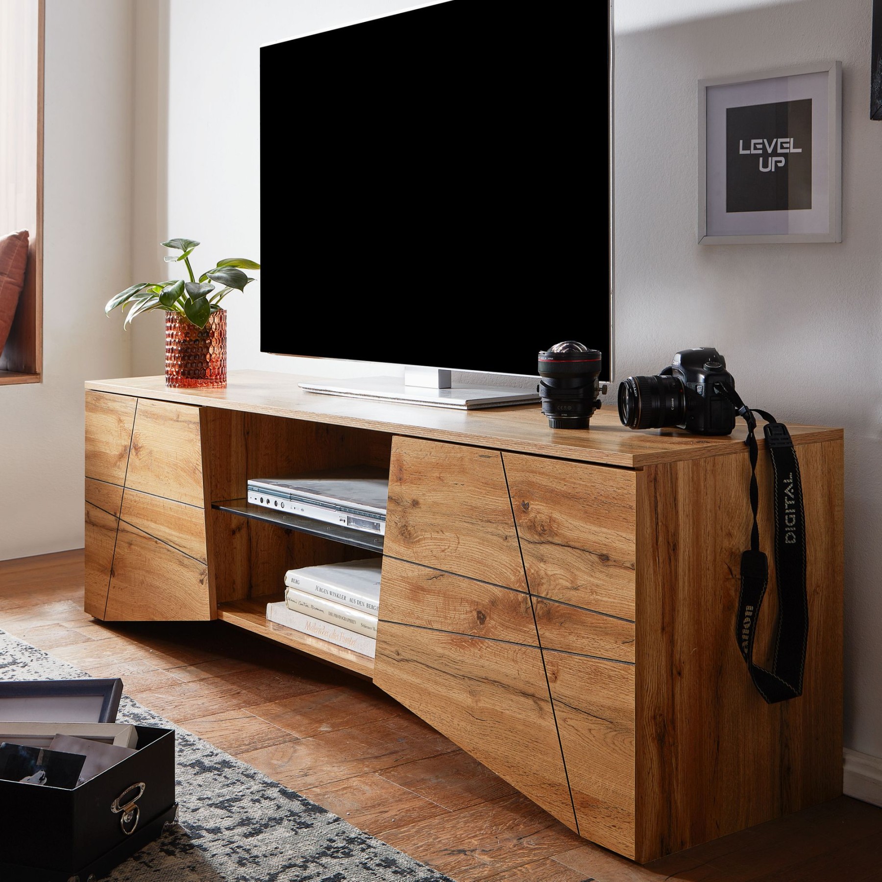 FineBuy Lowboard Holz Eiche-Dekor xx cm TV-Kommode mit zwei