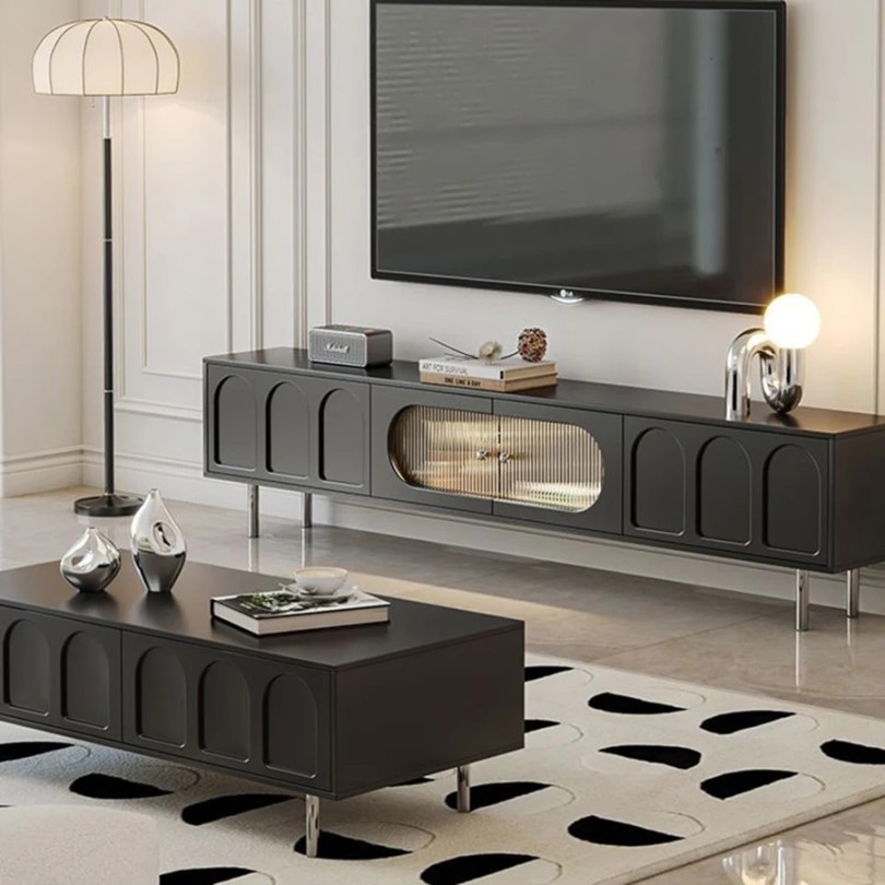 Glass Living Room TV Cabinet Black Entertainment Storage Modern TV Stands  Luxury Foot Fernseher Schrank Home Furniture MQDS